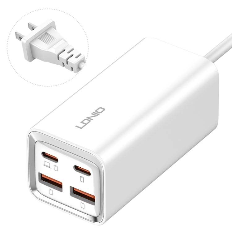 White LDNIO desktop USB charger with four ports and angled plug connector