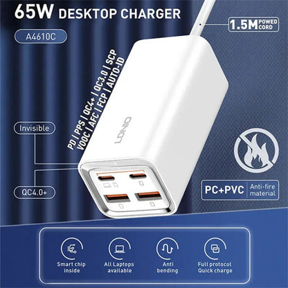 White LDNIO desktop charger with four ports and cable, angled close-up