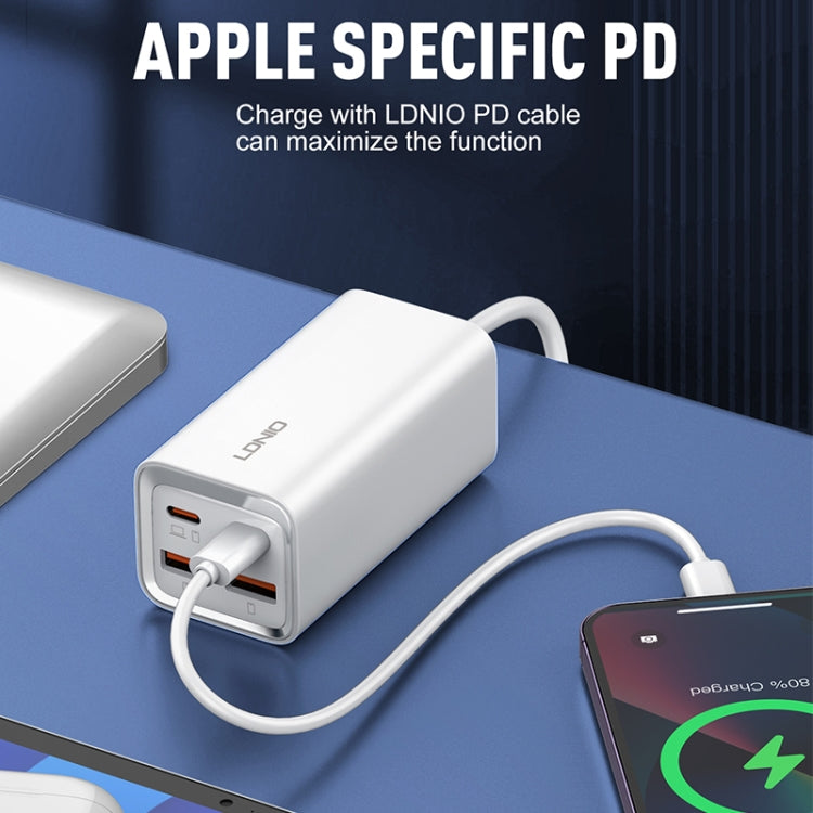 White LDNIO USB charger with four ports and connected USB-C cable