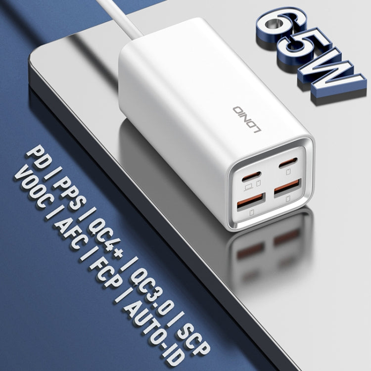 White LDNIO wall charger with four ports shown in close-up on cable