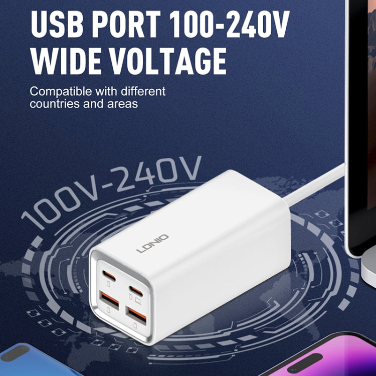 White LDNIO desktop charger with four ports and attached power cable