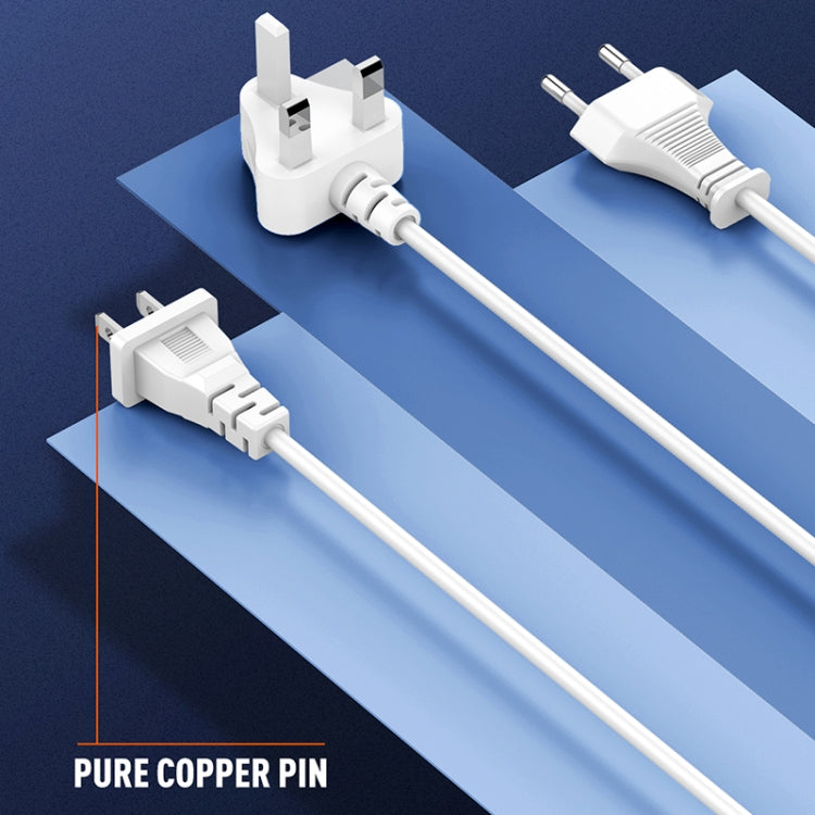 White USB charging cable with EU and US plug adapters and connector tips