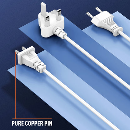 White USB charging cable with EU and US plug adapters and connector tips