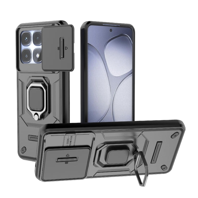 Rugged smartphone case with sliding camera cover and belt-clip style holder stand, grey/black