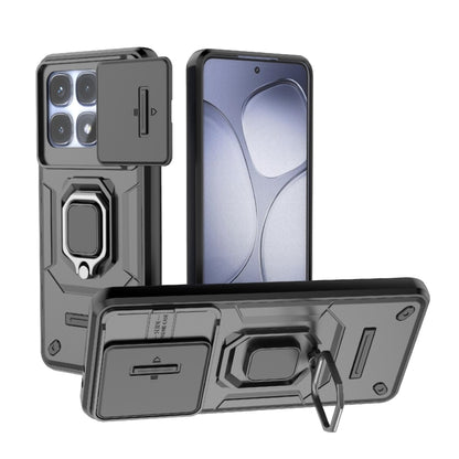 Rugged smartphone case with sliding camera cover and belt-clip style holder stand, grey/black