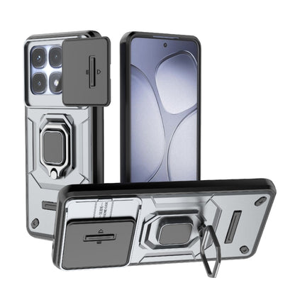 Rugged phone case with front protection panel, sliding camera door, and holder stand