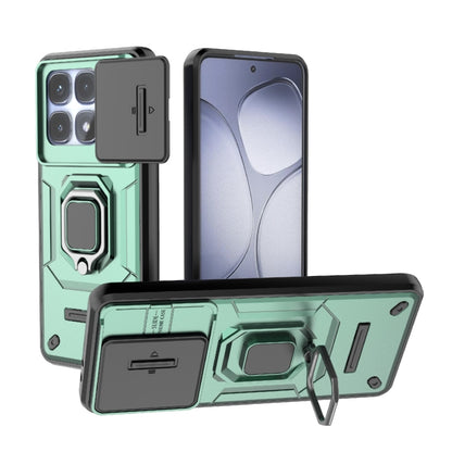 Rugged smartphone case with sliding camera cover and holder stand, green/black