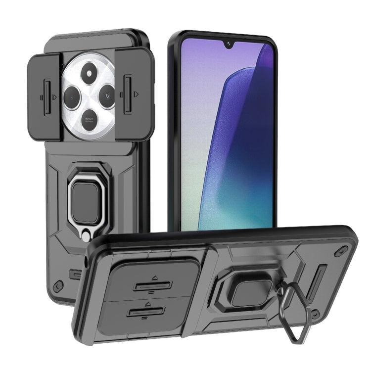Shockproof phone case with sliding camera cover and kickstand, dark gray