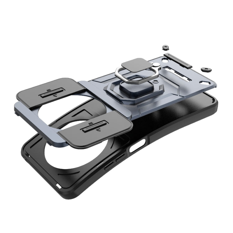Shockproof phone case with sliding camera cover and built-in holder, gray