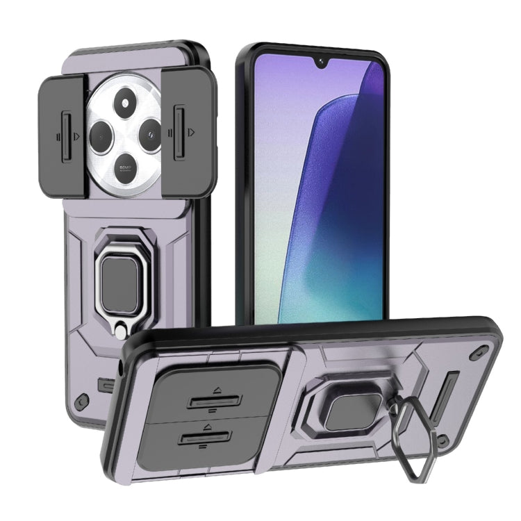 Rugged smartphone case with sliding camera cover and rotating holder stand, black/grey