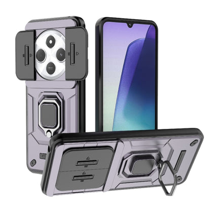 Rugged smartphone case with sliding camera cover and rotating holder stand, black/grey