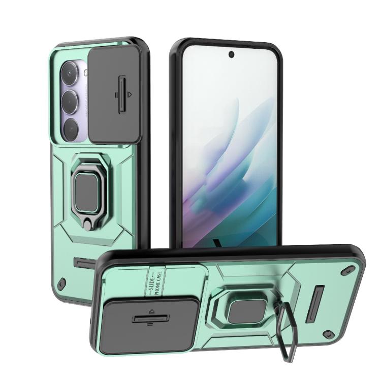 Mint green shockproof TPU phone case with sliding holder and ring kickstand