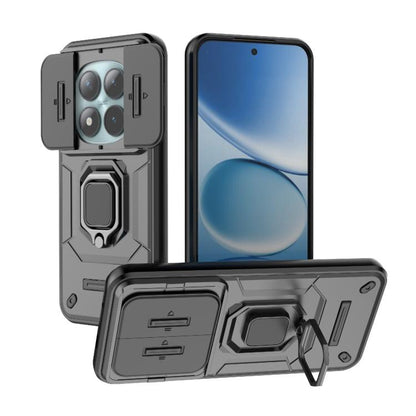 Rugged shockproof phone case with sliding camera cover and stand, gray