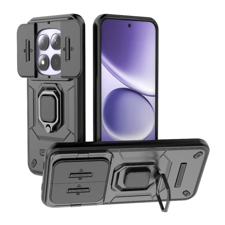 Shockproof TPU+PC phone case with sliding camera cover and holder stand, dark grey