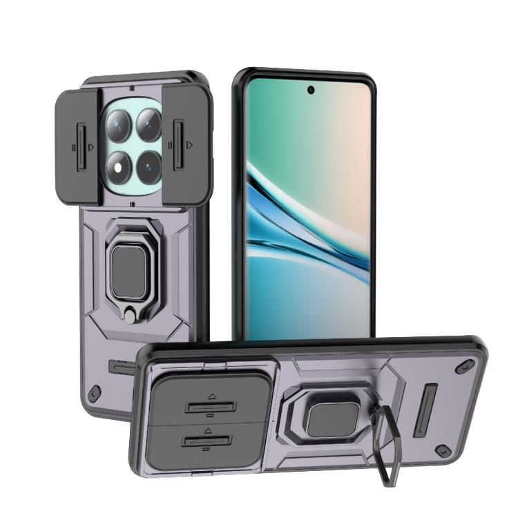 Shockproof TPU+PC phone case with sliding camera cover and holder stand, dark grey