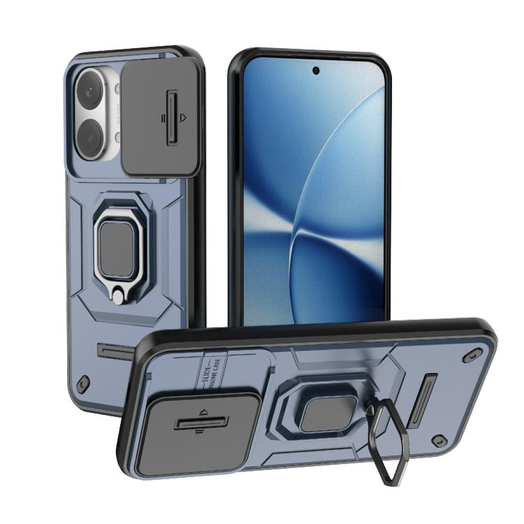 Shockproof TPU phone case with sliding cam cover and ring holder, light gray with black