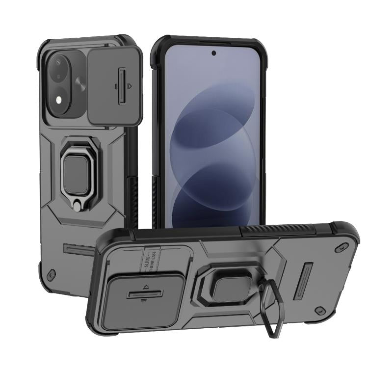 Shockproof sliding phone case with holder, dark grey and black, for smartphone