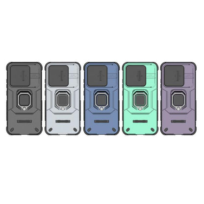 Shockproof sliding phone cases with holder in multiple colors, including black and purple