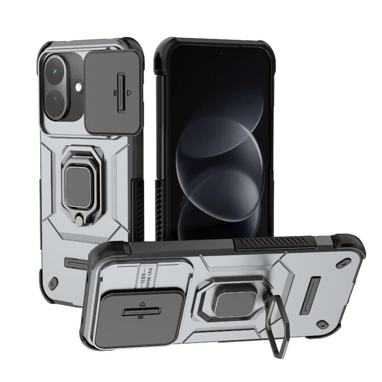 Shockproof TPU and PC phone case with sliding holder, silver-gray with black accents