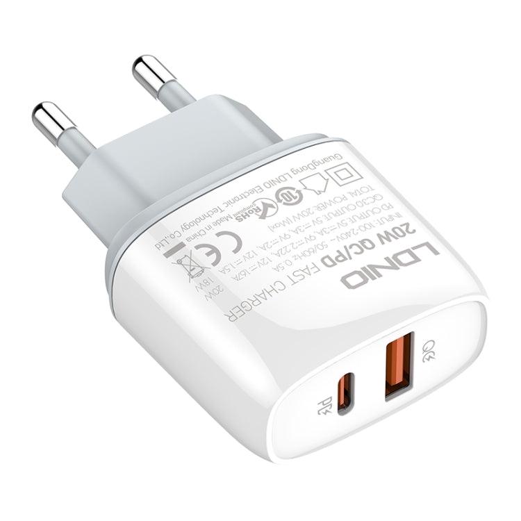 LDNIO compact fast charger with dual ports and Type-C cable, EU two-pin plug