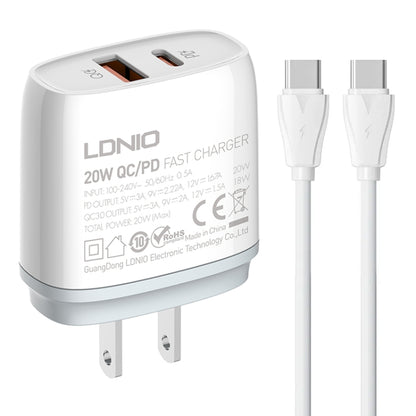 LDNIO dual-port fast charger with two-prong plug and Type-C cable set