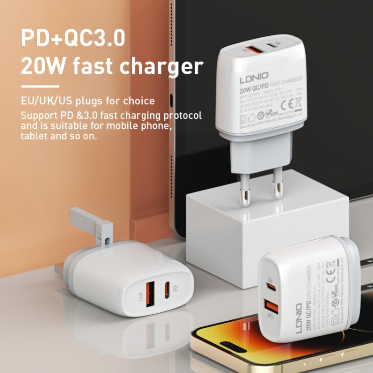 LDNIO fast charger kit with dual ports, EU plug, and Type-C cable for devices