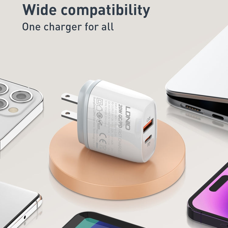 White multi-port wall charger with USB-C and USB-A ports, shown with devices