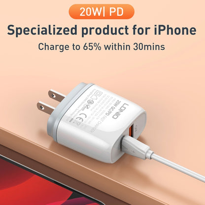 LDNIO fast charger with Type-C cable connected to the side port, two-pin plug