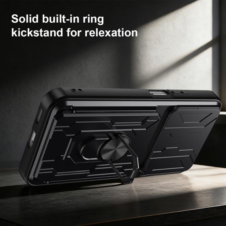 Black phone case with built-in ring kickstand in use, textured protective shell