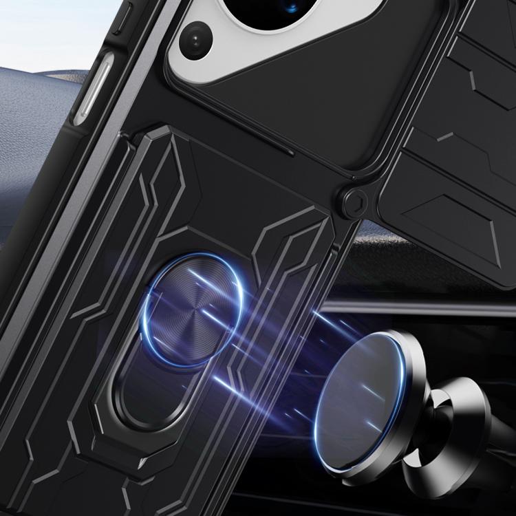 Close-up of black phone case with textured design and ring kickstand