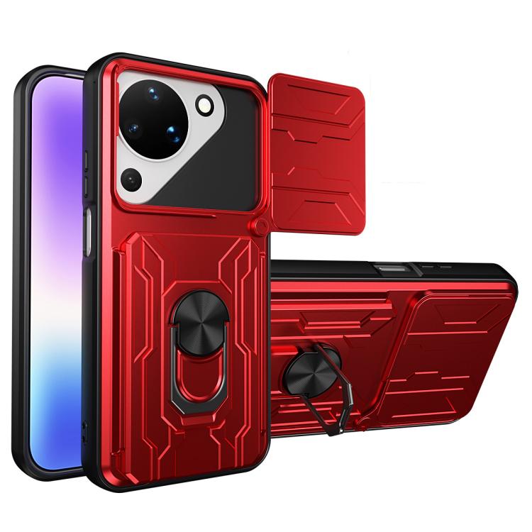 Red phone case with sliding card slot, textured back, and built-in ring kickstand