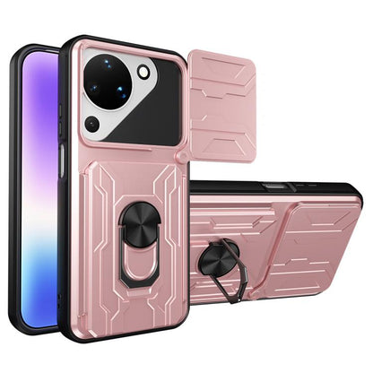 Rose pink rugged phone case with card slot and sliding cover, TPU+PC