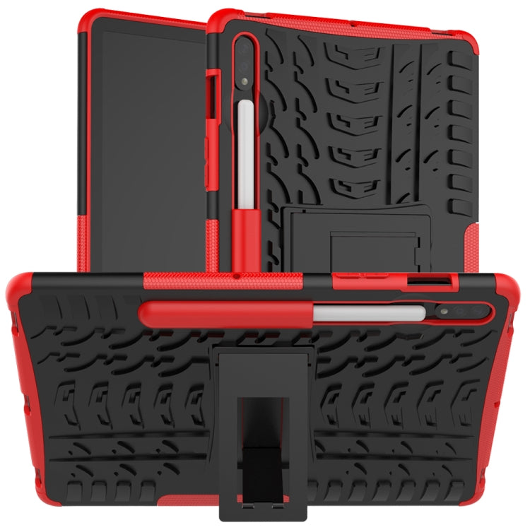 Red rugged tablet protective case with textured grip and built-in holder/kickstand