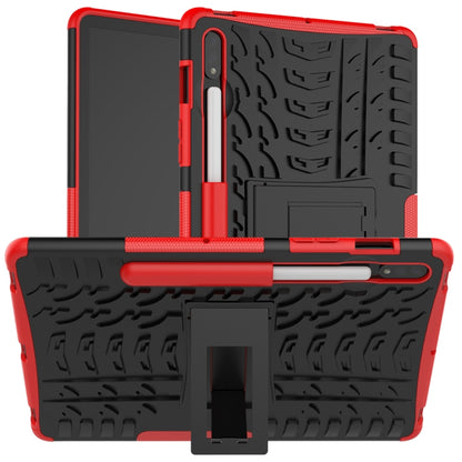 Red rugged tablet protective case with textured grip and built-in holder/kickstand
