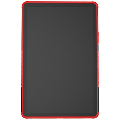 Red rugged tablet protective case with textured sides and raised edge protection