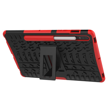 Red rugged tablet case with textured back and fold-out kickstand stand