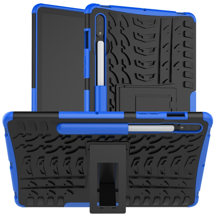 Blue rugged tablet protective case with textured grip and built-in holder/kickstand