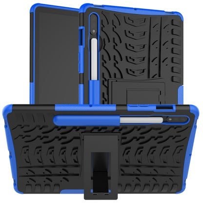 Blue rugged tablet protective case with textured grip and built-in holder/kickstand