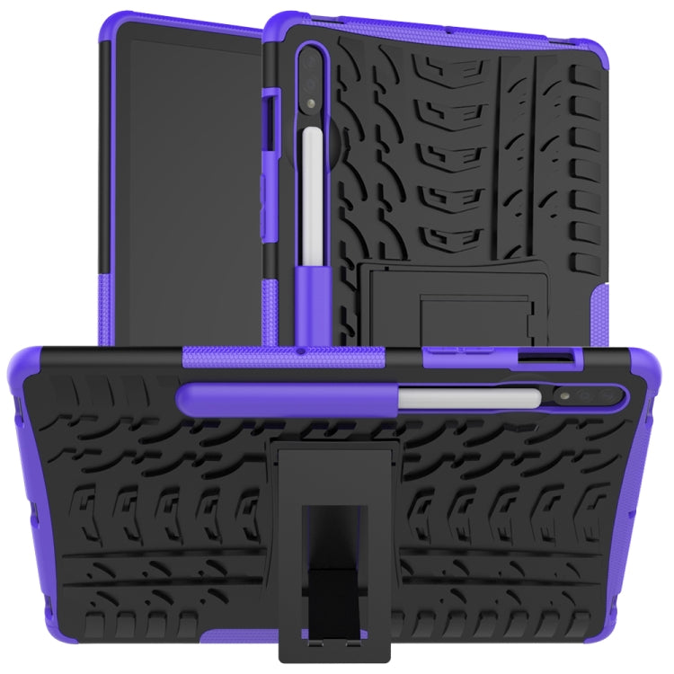 Purple rugged tablet protective case with textured grip and built-in holder/kickstand