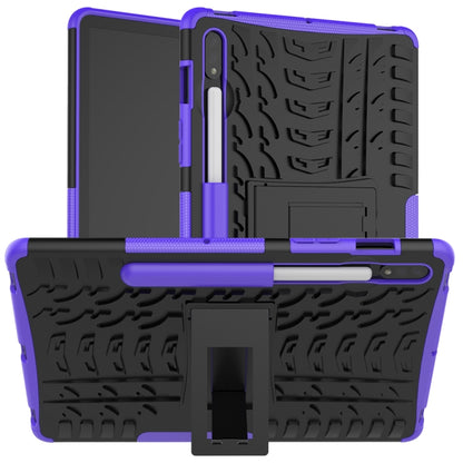 Purple rugged tablet protective case with textured grip and built-in holder/kickstand