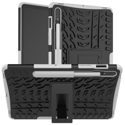 White rugged tablet protective case with textured grip and built-in holder/kickstand