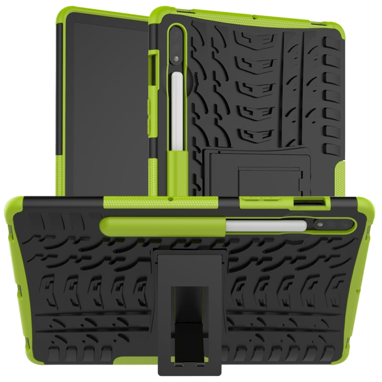 Rugged green shockproof tablet case with tire-texture grip and built-in stand