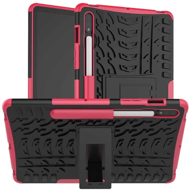 Rugged red shockproof tablet case with tire-texture grip and built-in stand