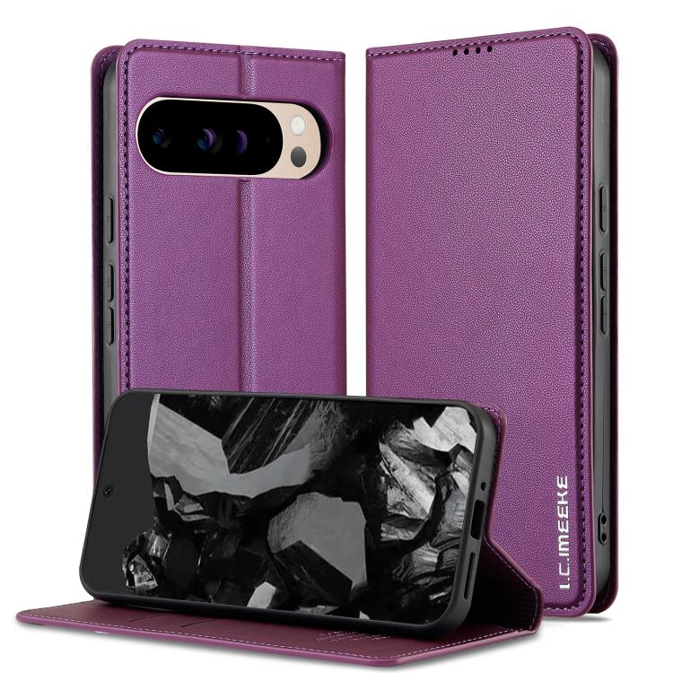 Purple folio phone case with flip cover, textured finish, and camera cutout on back
