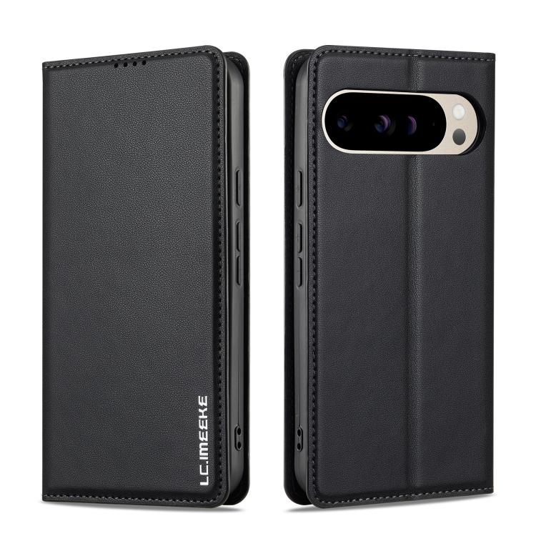 Black faux leather phone case with flip cover, camera cutout, and slim edge protection