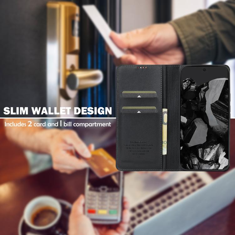 Black slim wallet phone case with card slots and bill compartment, front flip cover