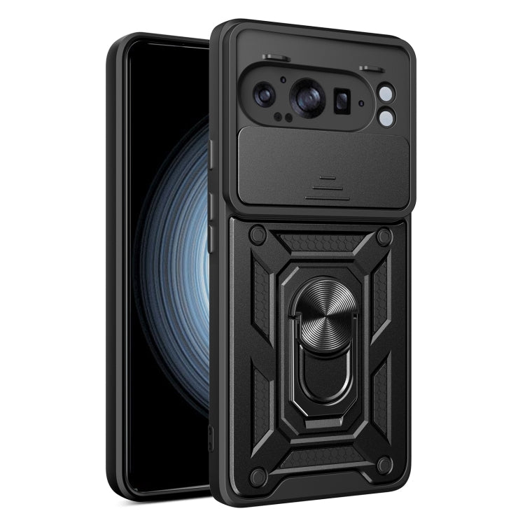 Black TPU+PC phone case with sliding camera cover and rugged armor frame