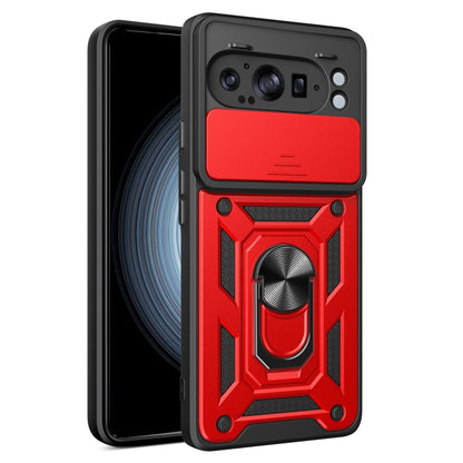 Red TPU+PC phone case with sliding camera cover and rugged armor frame