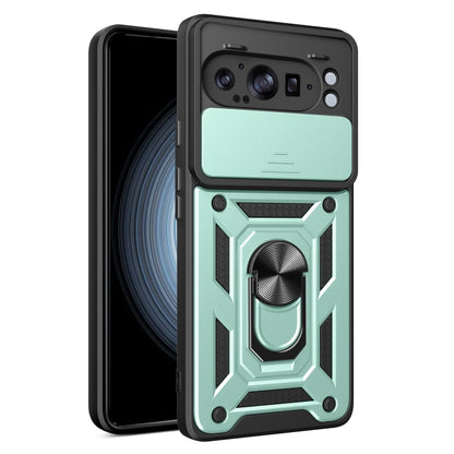 Green TPU+PC phone case with sliding camera cover and rugged armor frame