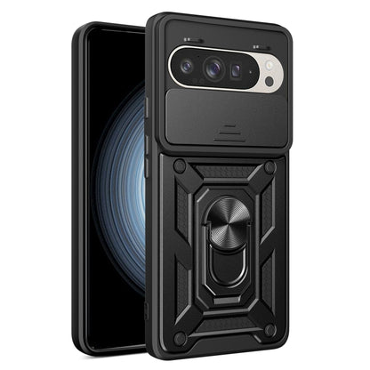 Black TPU+PC phone case with sliding camera cover and rugged armor frame